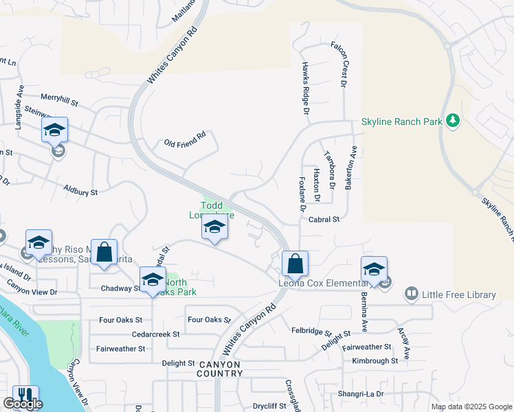 map of restaurants, bars, coffee shops, grocery stores, and more near 19023 Saddleback Ridge Road in Santa Clarita