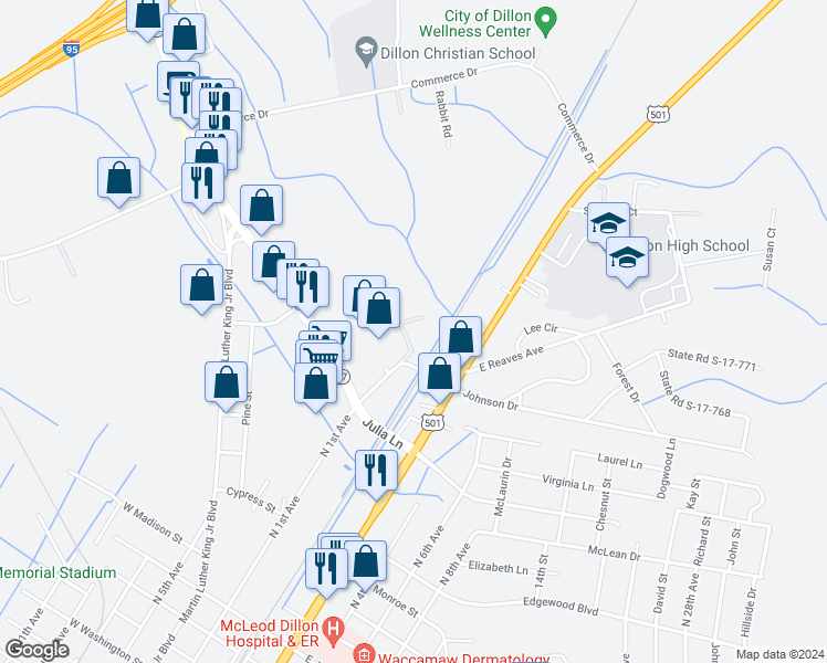 map of restaurants, bars, coffee shops, grocery stores, and more near 212 Cannon Court in Dillon