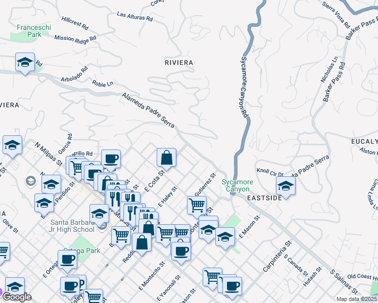 map of restaurants, bars, coffee shops, grocery stores, and more near 525 Alameda Padre Serra in Santa Barbara