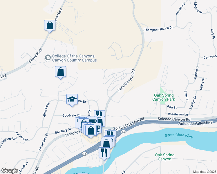 map of restaurants, bars, coffee shops, grocery stores, and more near 16420 Palomino Place in Santa Clarita