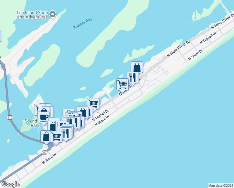map of restaurants, bars, coffee shops, grocery stores, and more near 509 North New River Drive in Surf City