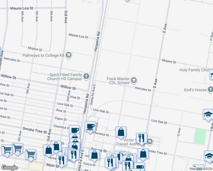 map of restaurants, bars, coffee shops, grocery stores, and more near 16801 Hercules Street in Hesperia