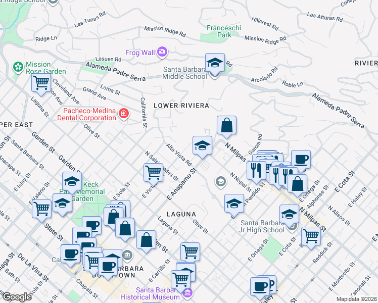 map of restaurants, bars, coffee shops, grocery stores, and more near 735 East Victoria Street in Santa Barbara