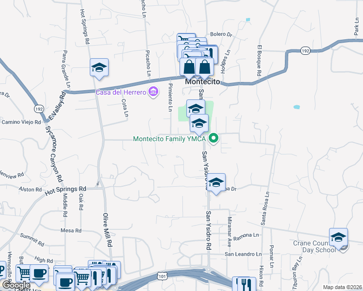 map of restaurants, bars, coffee shops, grocery stores, and more near 1455 School House Road in Montecito