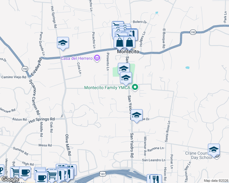 map of restaurants, bars, coffee shops, grocery stores, and more near 1455 School House Road in Montecito