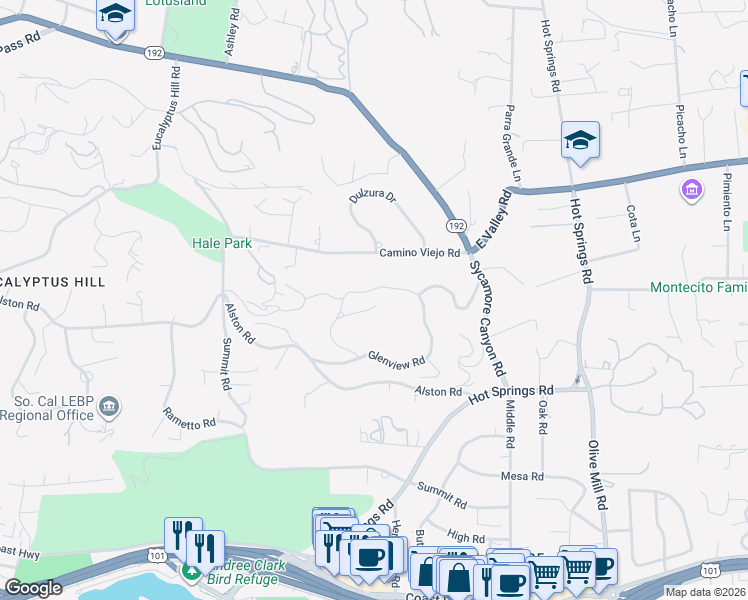 map of restaurants, bars, coffee shops, grocery stores, and more near 385 Woodley Road in Montecito