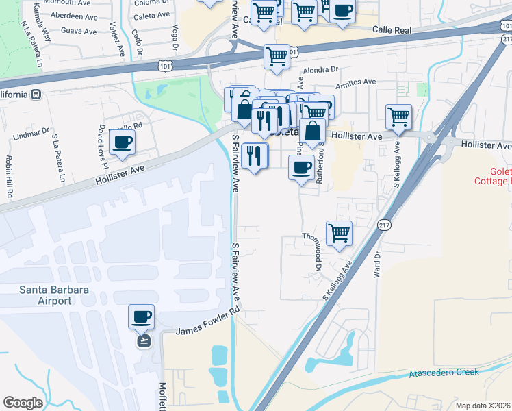 map of restaurants, bars, coffee shops, grocery stores, and more near 490 South Fairview Avenue in Goleta
