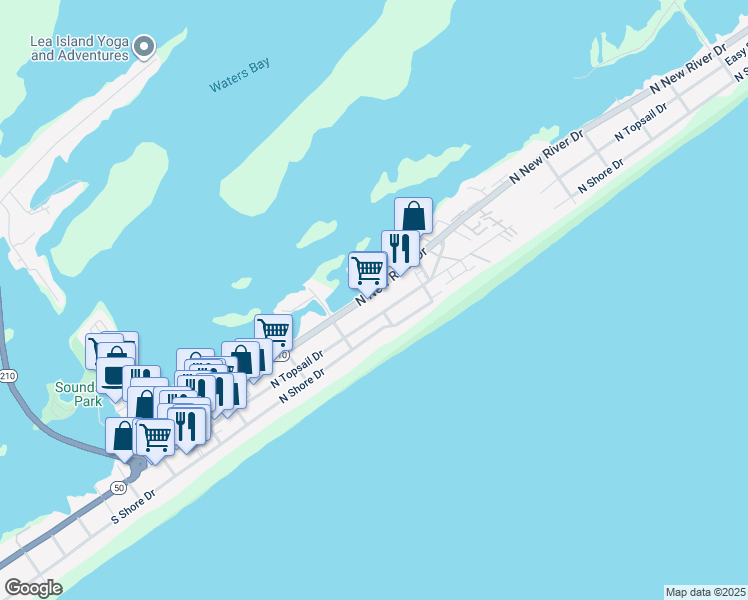 map of restaurants, bars, coffee shops, grocery stores, and more near 517A North New River Drive in Surf City