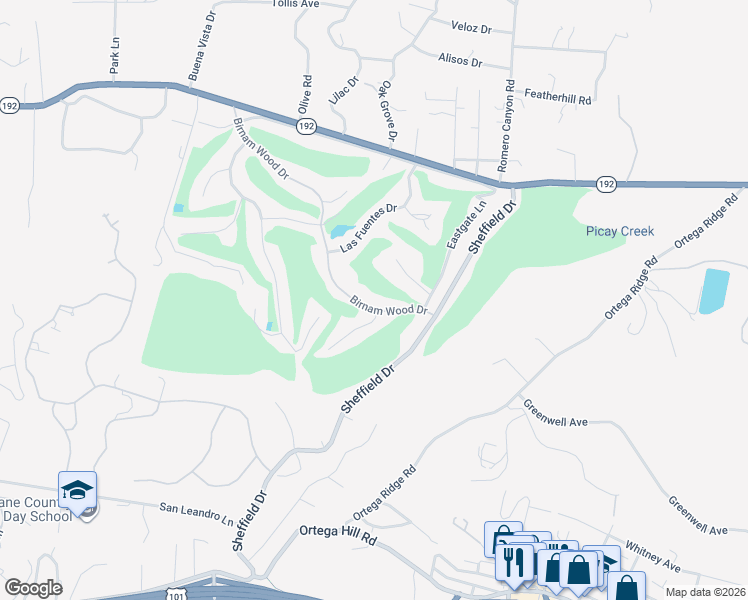 map of restaurants, bars, coffee shops, grocery stores, and more near 2138 Birnam Wood Drive in Montecito