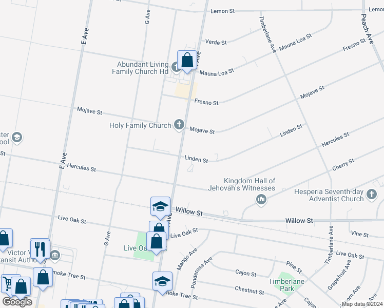map of restaurants, bars, coffee shops, grocery stores, and more near 17598 Linden Street in Hesperia