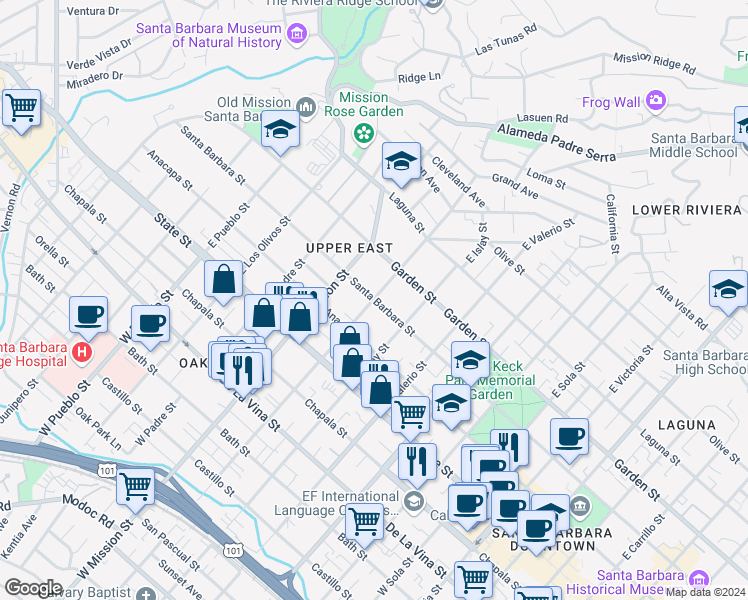 map of restaurants, bars, coffee shops, grocery stores, and more near 1895 Santa Barbara Street in Santa Barbara
