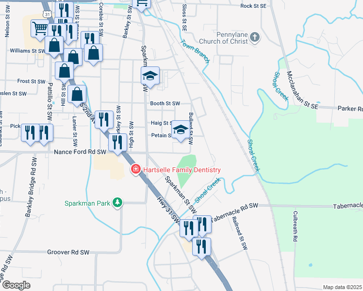 map of restaurants, bars, coffee shops, grocery stores, and more near 130 Petain Street Southwest in Hartselle