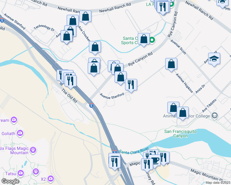 map of restaurants, bars, coffee shops, grocery stores, and more near 25583 Avenue Stanford in Santa Clarita