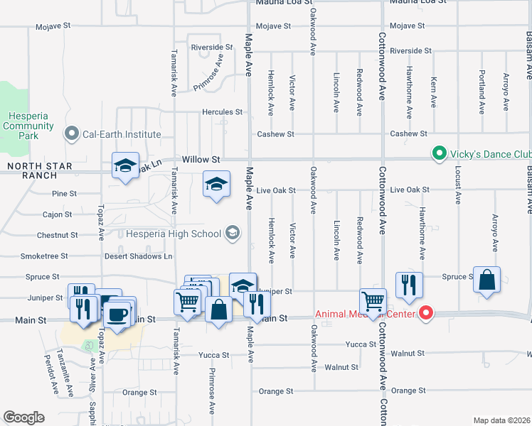 map of restaurants, bars, coffee shops, grocery stores, and more near 9986 Hemlock Avenue in Hesperia