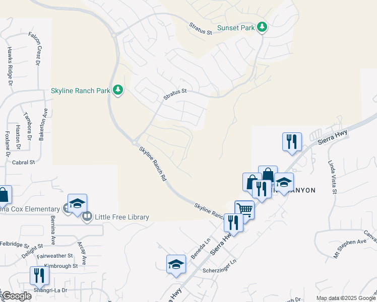 map of restaurants, bars, coffee shops, grocery stores, and more near 28230 Virga Place in Santa Clarita