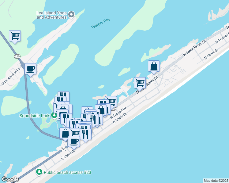 map of restaurants, bars, coffee shops, grocery stores, and more near 111 Anchor Drive in Surf City