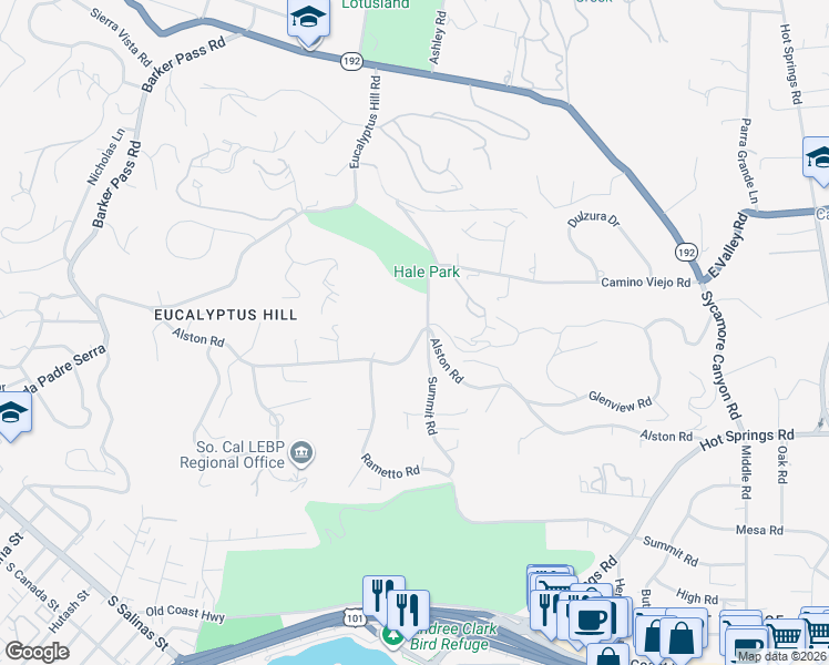 map of restaurants, bars, coffee shops, grocery stores, and more near 802 Camino Viejo Road in Santa Barbara