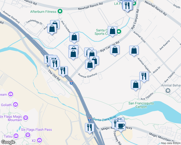 map of restaurants, bars, coffee shops, grocery stores, and more near 25583 Avenue Stanford in Santa Clarita