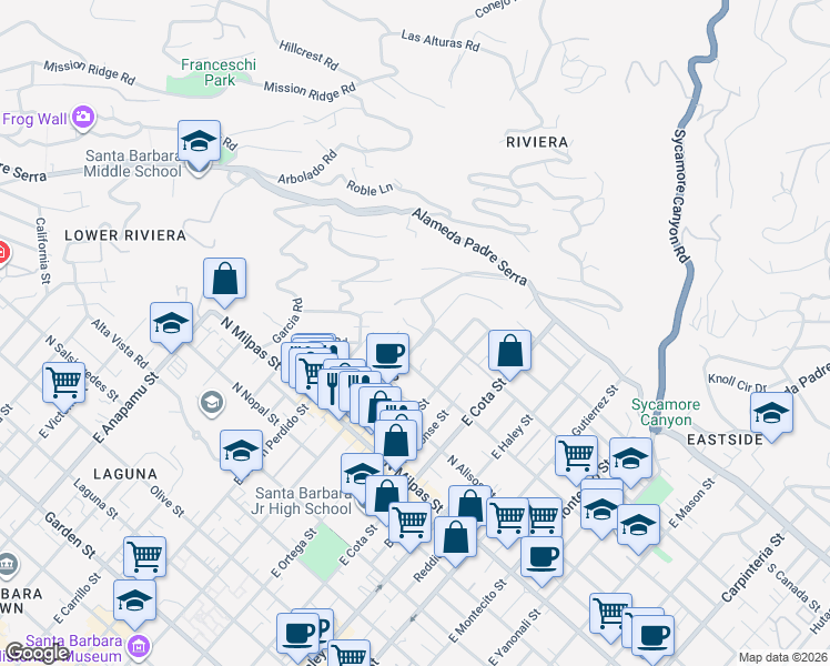 map of restaurants, bars, coffee shops, grocery stores, and more near 814 Soledad Avenue in Santa Barbara