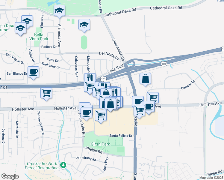 map of restaurants, bars, coffee shops, grocery stores, and more near Baldwin Drive in Goleta