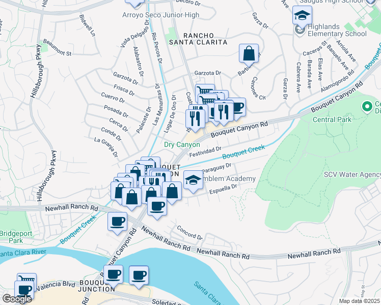 map of restaurants, bars, coffee shops, grocery stores, and more near 22645 Festividad Drive in Santa Clarita