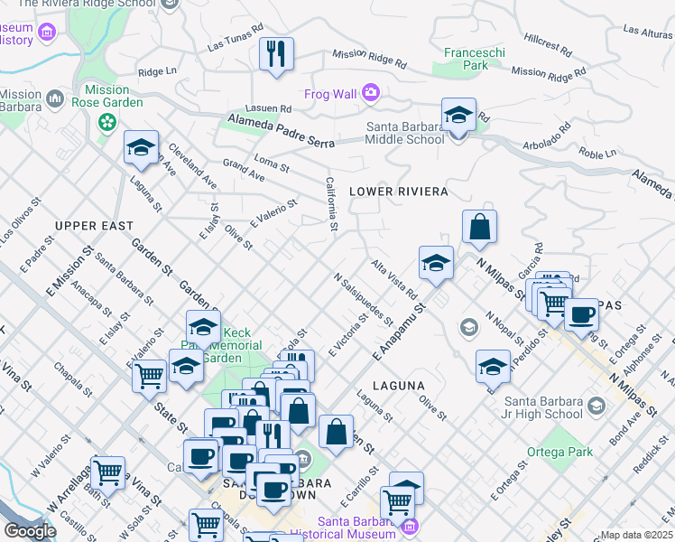 map of restaurants, bars, coffee shops, grocery stores, and more near 602 De La Vista Avenue in Santa Barbara