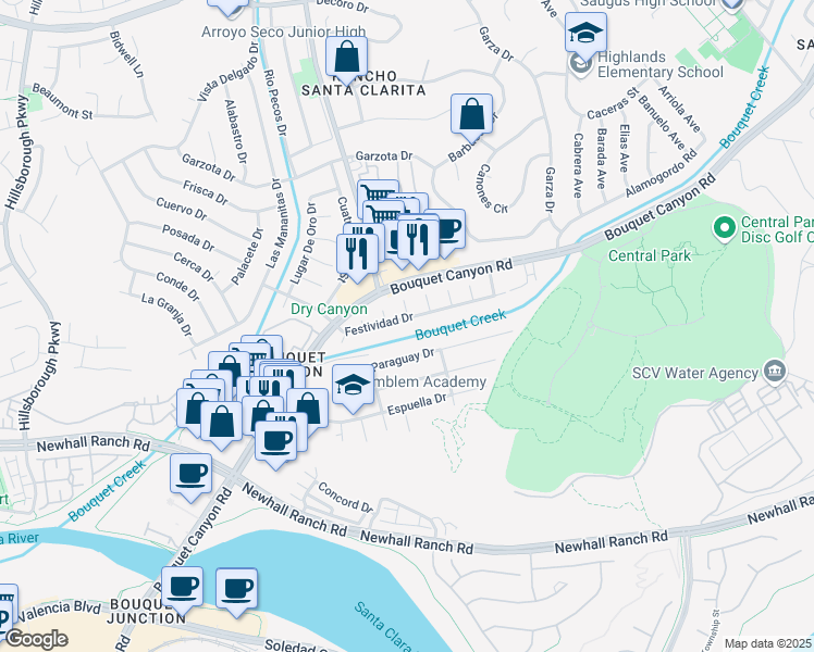 map of restaurants, bars, coffee shops, grocery stores, and more near 22544 Festividad Drive in Santa Clarita
