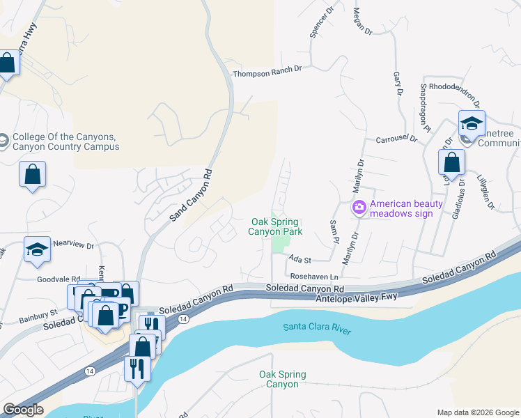 map of restaurants, bars, coffee shops, grocery stores, and more near 28985 Oak Springs Canyon Road in Santa Clarita