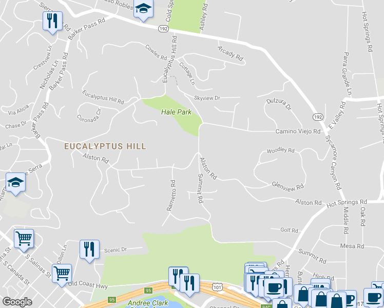 map of restaurants, bars, coffee shops, grocery stores, and more near 802 Camino Viejo Road in Santa Barbara