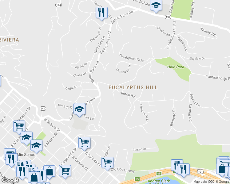 map of restaurants, bars, coffee shops, grocery stores, and more near 100 Alston Road in Santa Barbara