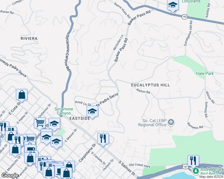 map of restaurants, bars, coffee shops, grocery stores, and more near 20 Cedar Lane in Santa Barbara