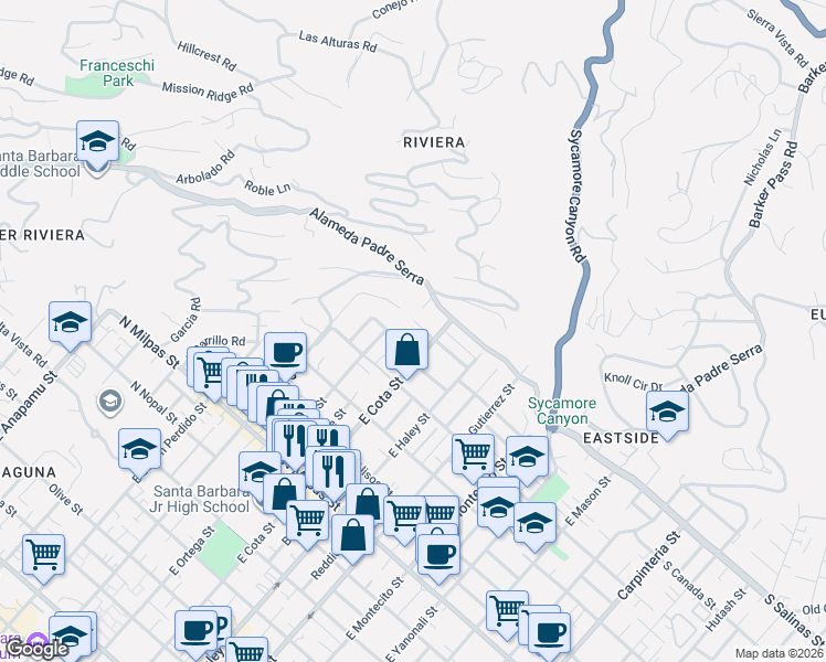 map of restaurants, bars, coffee shops, grocery stores, and more near in Santa Barbara
