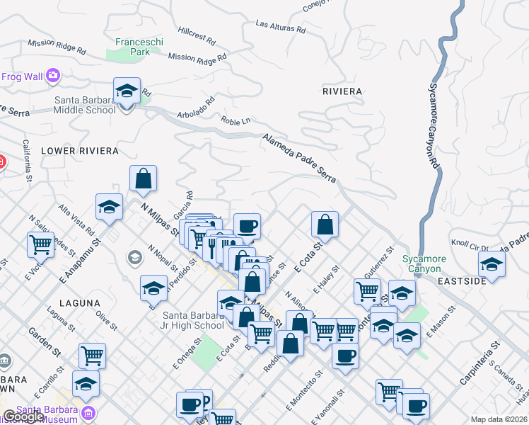 map of restaurants, bars, coffee shops, grocery stores, and more near 814 Soledad Avenue in Santa Barbara