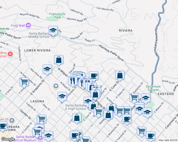 map of restaurants, bars, coffee shops, grocery stores, and more near 968 Medio Road in Santa Barbara