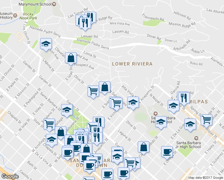 map of restaurants, bars, coffee shops, grocery stores, and more near 618 De La Vista Avenue in Santa Barbara