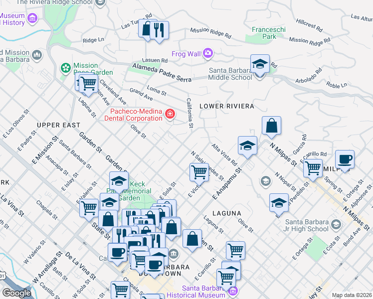 map of restaurants, bars, coffee shops, grocery stores, and more near 536 East Micheltorena Street in Santa Barbara