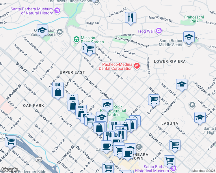 map of restaurants, bars, coffee shops, grocery stores, and more near 1721 Laguna Street in Santa Barbara