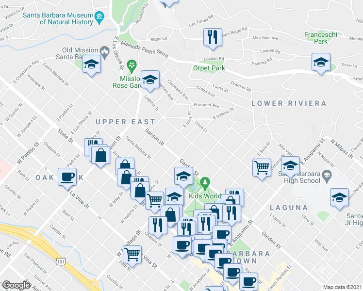 map of restaurants, bars, coffee shops, grocery stores, and more near 1721 Laguna Street in Santa Barbara