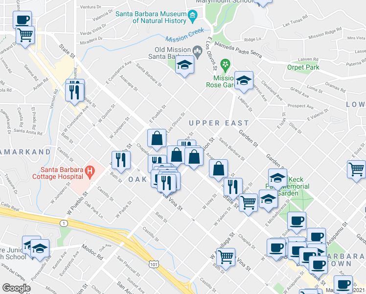 map of restaurants, bars, coffee shops, grocery stores, and more near 34 East Padre Street in Santa Barbara