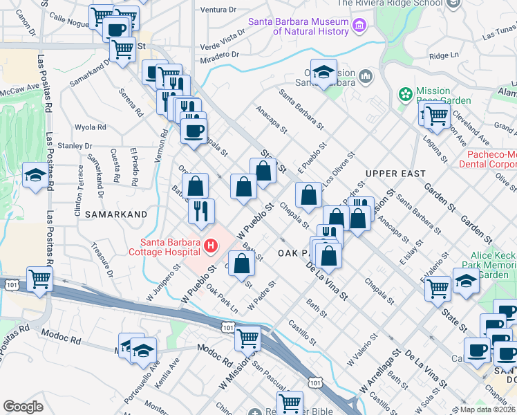 map of restaurants, bars, coffee shops, grocery stores, and more near 2320 De La Vina Street in Santa Barbara