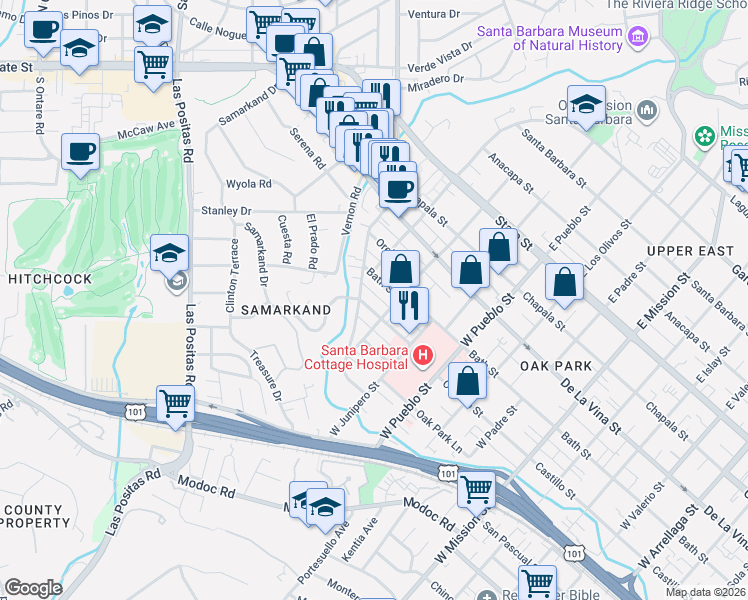 map of restaurants, bars, coffee shops, grocery stores, and more near 2519 Bath Street in Santa Barbara