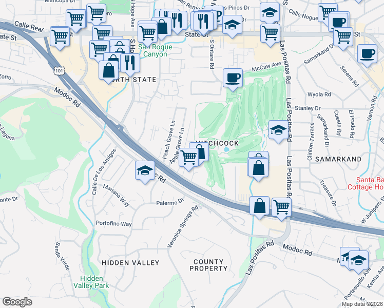map of restaurants, bars, coffee shops, grocery stores, and more near 425 Northview Road in Santa Barbara