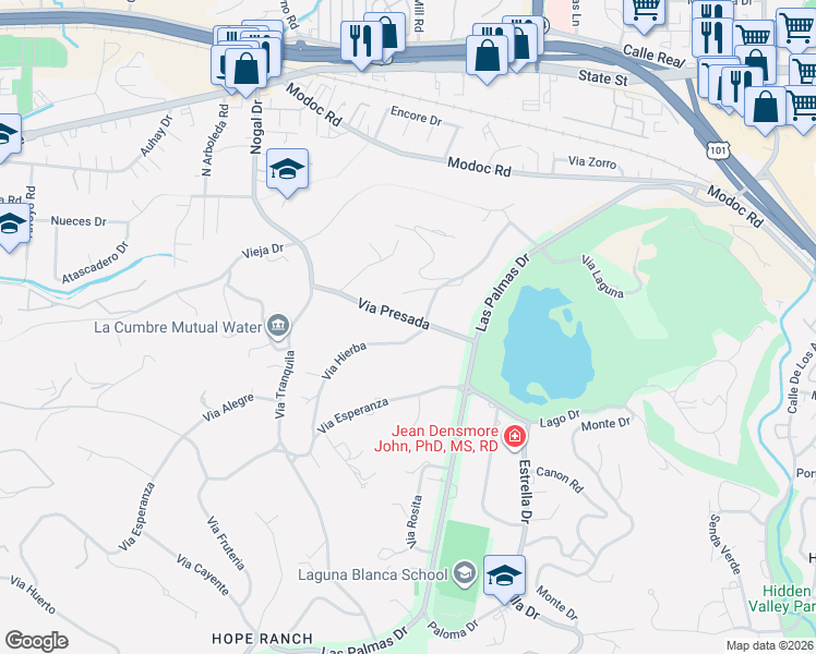 map of restaurants, bars, coffee shops, grocery stores, and more near 4300 Via Presada in Santa Barbara