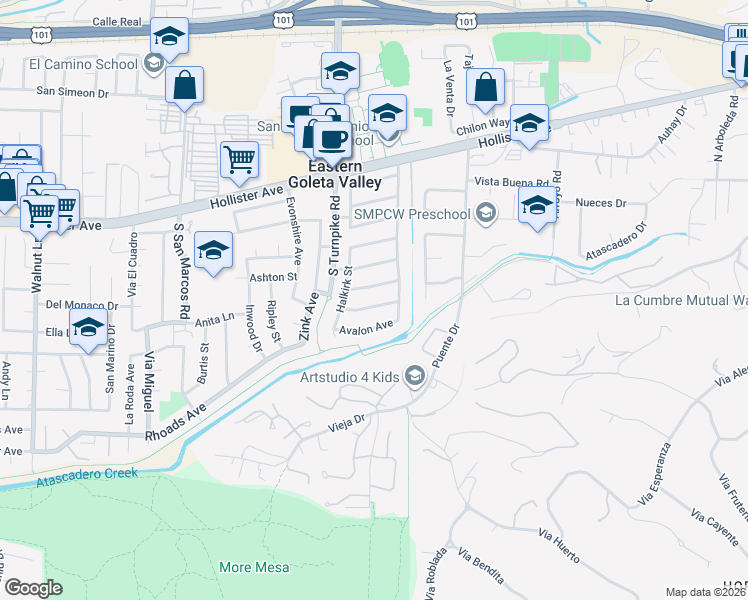 map of restaurants, bars, coffee shops, grocery stores, and more near 4782 Frazier Lane in Santa Barbara