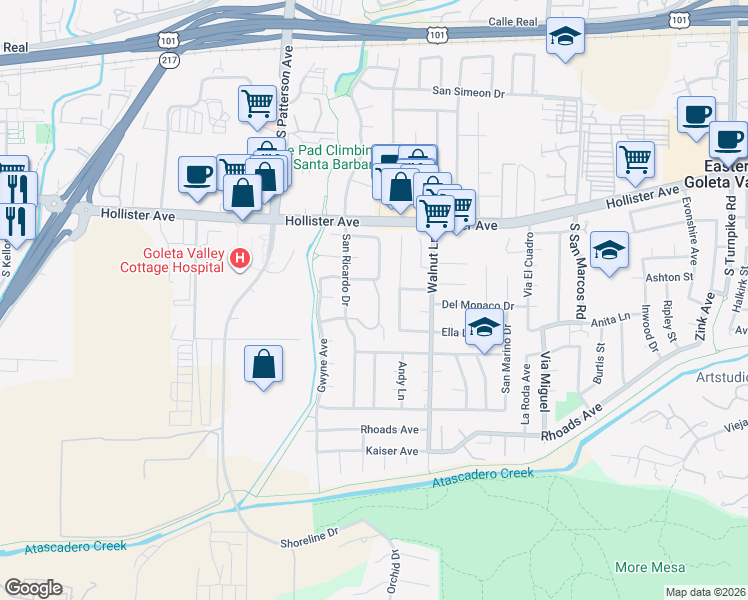 map of restaurants, bars, coffee shops, grocery stores, and more near 5205 Calle Morelia in Santa Barbara