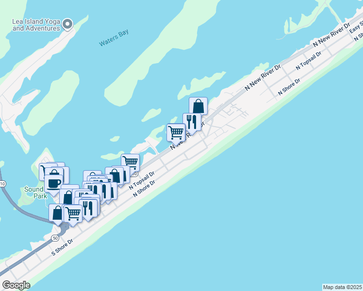 map of restaurants, bars, coffee shops, grocery stores, and more near 517A North New River Drive in Surf City