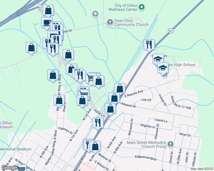 map of restaurants, bars, coffee shops, grocery stores, and more near 212 Cannon Court in Dillon