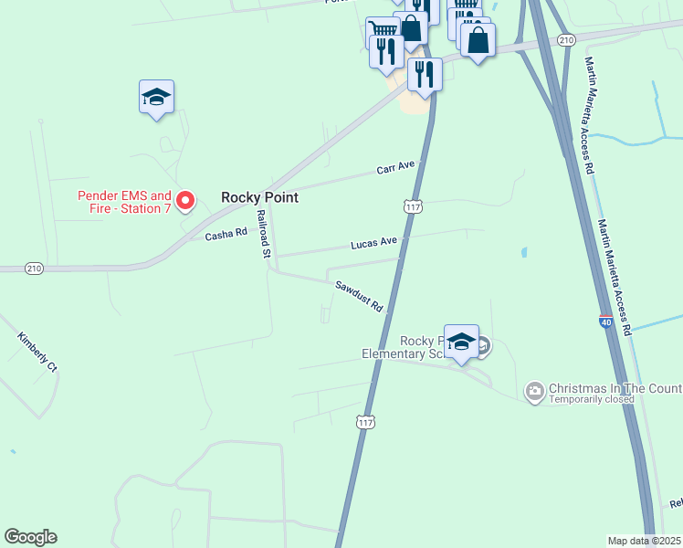 map of restaurants, bars, coffee shops, grocery stores, and more near 165 Raymond Williams Road in Rocky Point