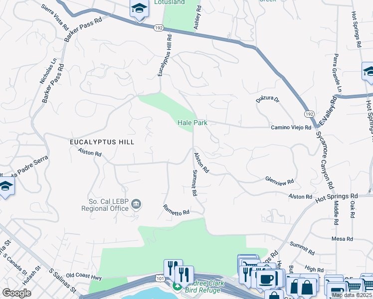 map of restaurants, bars, coffee shops, grocery stores, and more near 723 Alston Road in Santa Barbara