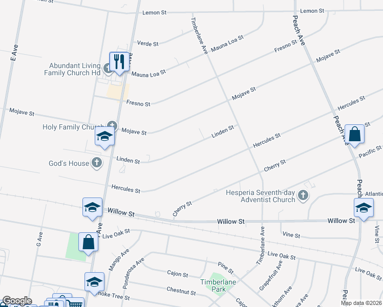 map of restaurants, bars, coffee shops, grocery stores, and more near 17843 Linden Street in Hesperia